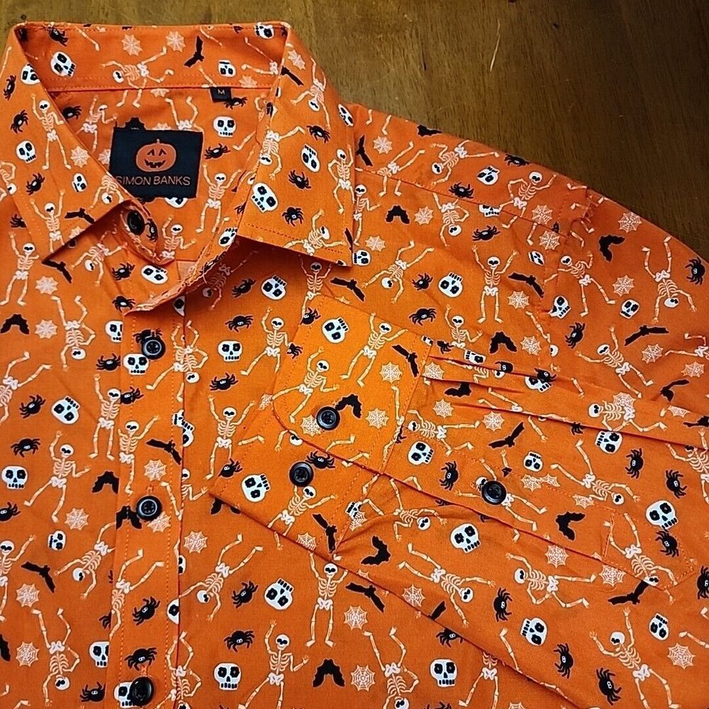 Simon Banks Mens Size Medium Long Sleeve Button Up Orange Halloween Skulls bats